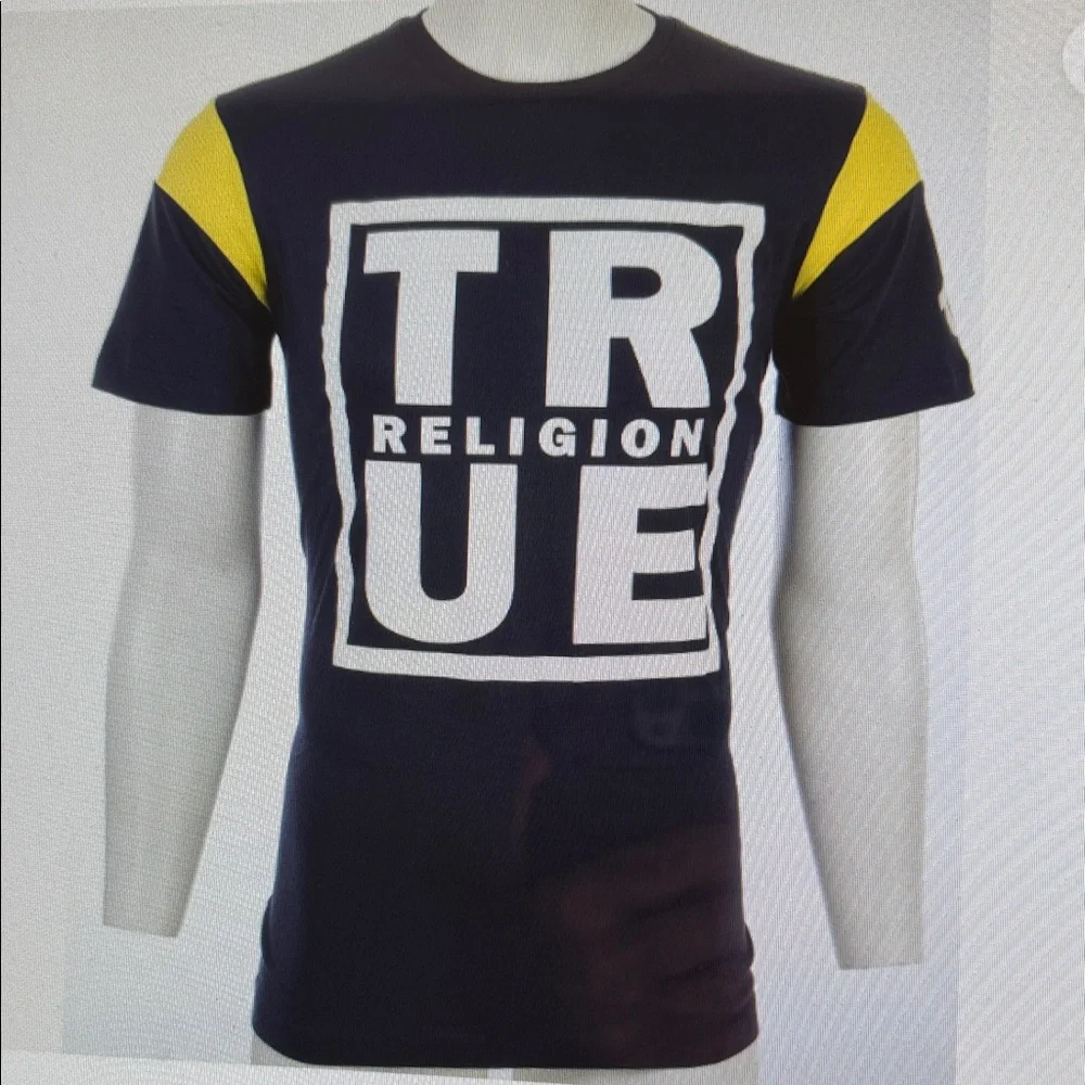 Y2K Men XXL True Religion Nostalgic Navy Retro Bold Football Beach Summer Tee